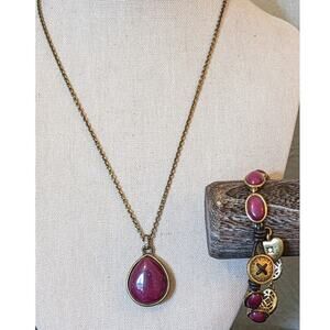 Fossil Red/Brown Semi-Precious Stone Antique Gold Pendant Necklace & Bracelet